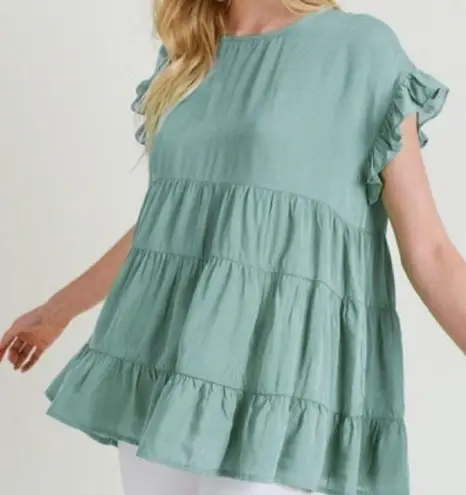 JODIFL Green Dotted Ruffle Sleeve Tiered Layered Baby Doll Blouse