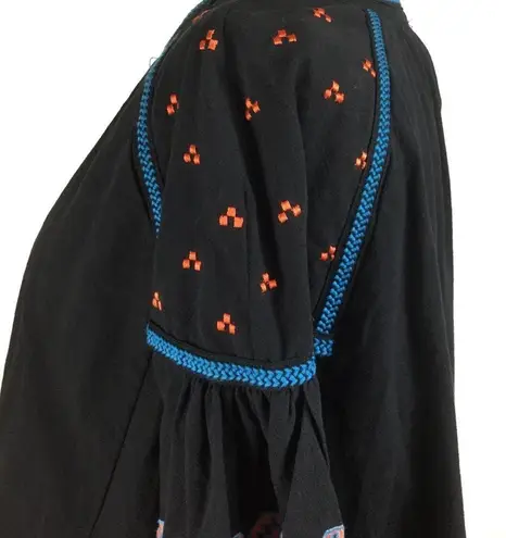 Puff sleeve embroidered boho tie front jacket top Black Size M