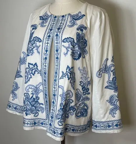 J.Jill Lightweight Embroidered Open Front Jacket 3/4 Sleeve Women’s Size Medium Blue