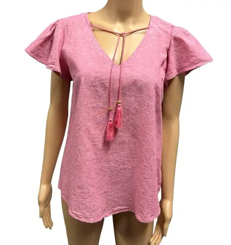 Harvé Benard Harve Benard Washable Linen Cotton Pink Tassel Short Sleeve Blouse Top Women’s S