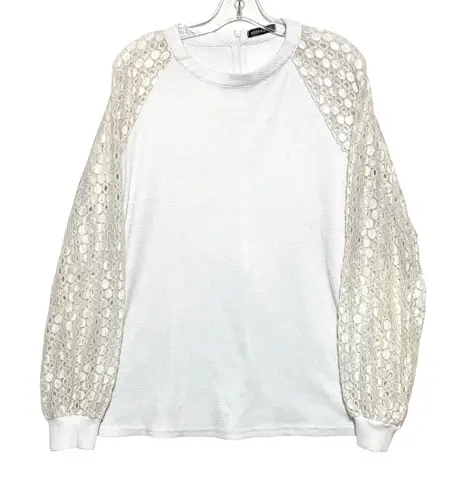 Miholl Waffle Knit Blouse Womens XL Lace Balloon Sleeves Eyelet Angelcore Boho White