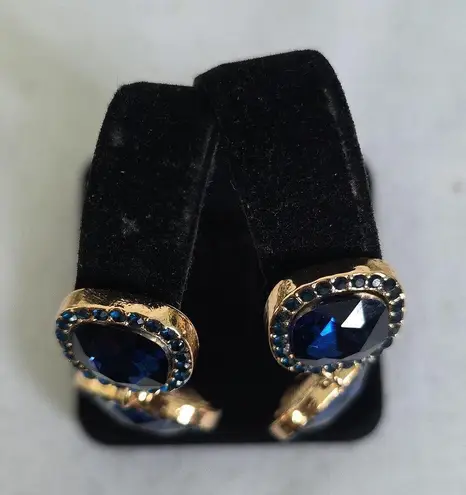 Statement Gold and Navy Blue Cushion Gem Collar Necklace and Earrings Set