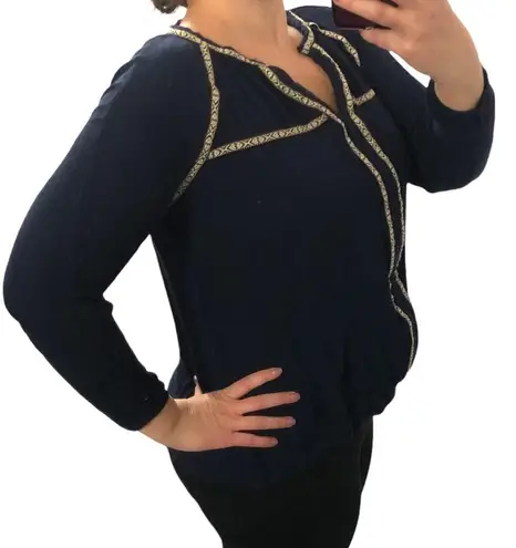 Andree Blue MEDIUM Split Neck Boho Patterned Contrast Trim Long Sleeve Blouse