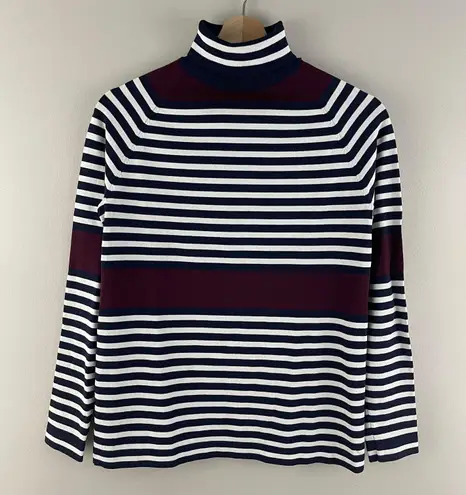 Tory Burch SPORT Navy Blue White Red Tech Knit Stripe Turtleneck Long Sleeve Top