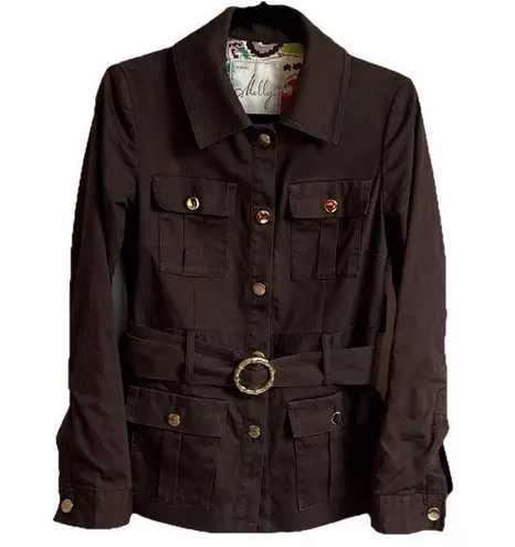 Milly New York Short Trench Coat Brown Belted Gold Button Closure Size 6 Solid