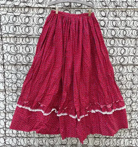 VTG 80s 90s prairie Gunne red calico floral eyelet lace tiered skirt 25" WAIST Size XS