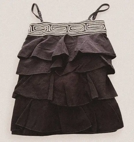 None Vintage Y2K Ruffle Tank | Black Aztec Embroidered Boho Top | Square Neck | Small