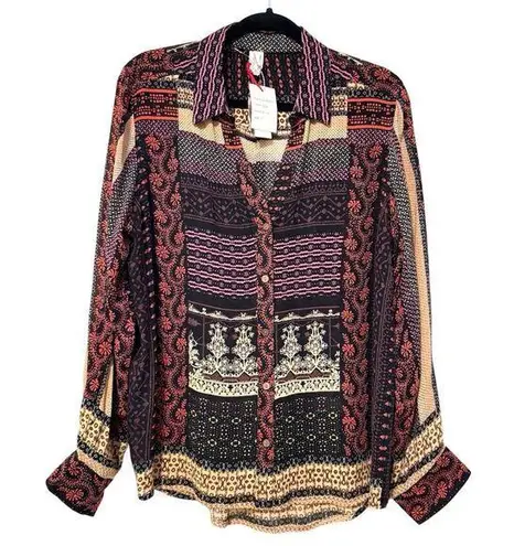 Raga By Anthropologie Button Front Black Motif Blouse Size Large NWT