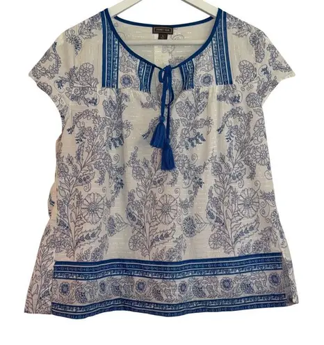 J.Crew Point Sur white and blue tassel the printed blouse small