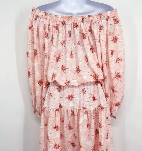 Alexis Tilia Off the Shoulder Floral Print Tiered Midi Dress Tassel Tie Pink