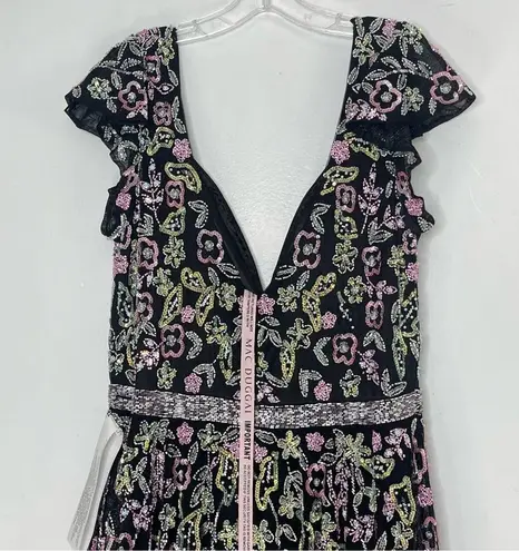 Mac Duggal 5353 Size 14W Floral Beadwork Flare Short Cap Sleeve A-Line Dress