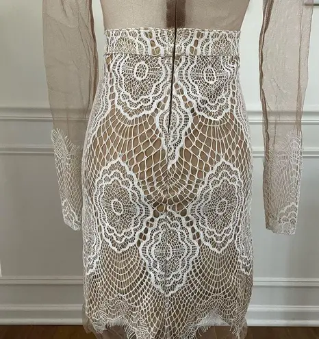 Luxxel  White Crochet Lace Nude Mesh Sheath Dress Long Sleeves XS