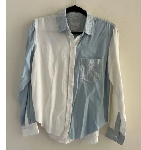 Rails NEW  Ingrid Raw Button Down Shirt Size Small Patch Work Blue White Women's