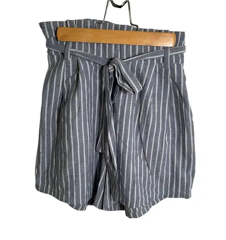 High Paper Bag Waist Shorts Light Blue White Stripes Size XS