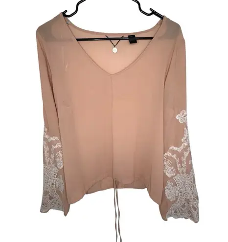 BKE Pink Sheer Lightweight Blouse With Lace Embroidered Bell Sleeves