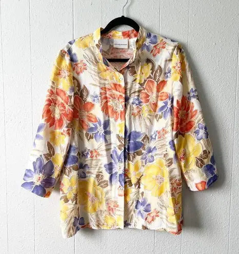 Alfred Dunner Womens Shirt 12 Floral Mesh Cottagecore Barn Country Coastal Beach Yellow