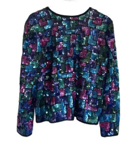 Laurence Kazar Vtg Silk Beaded Sequined Checkered Jacket cute Multicolor Size L