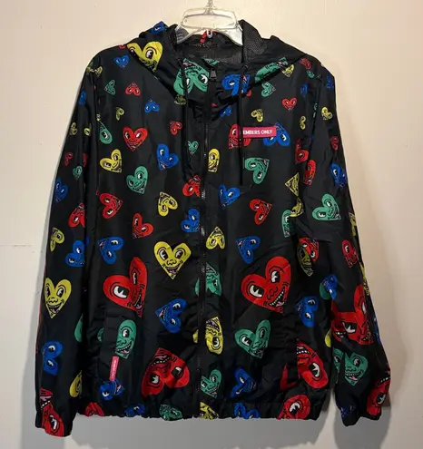Members Only  x K. Haring- Colorful Heart Faces Black Windbreaker Hood- Size L - Image 1