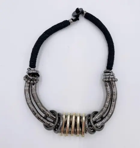 Vintage Metal Loop Black Cord Rope Statement Necklace Chunky Steampunk Brutalist