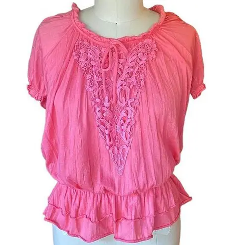 Allison Brittney Women's Salmon Pink Embroidered Boho Blouse ~ LARGE