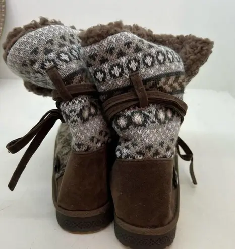 MUK LUKS Medium Brown & Gray Clementine Boot faux fur lined fair isle Women sz 7