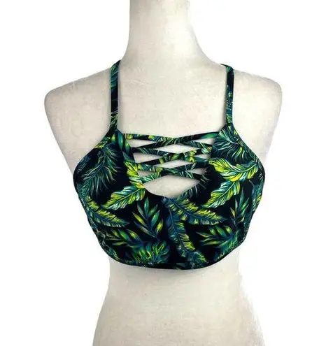 Cabana Del Sol Palm Leaf Tropical Criss Cross Bikini Top Medium Green