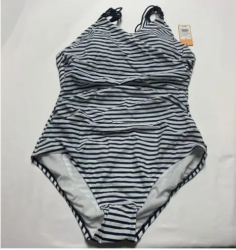 Kona Sol Shirred Macrame Strap Striped One Piece Swimsuit, Blue White XL NWOT