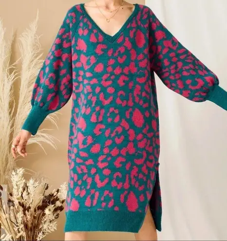 Cara & The Sky Elizabeth Animal Midi Knitted Dress Teal Size Small