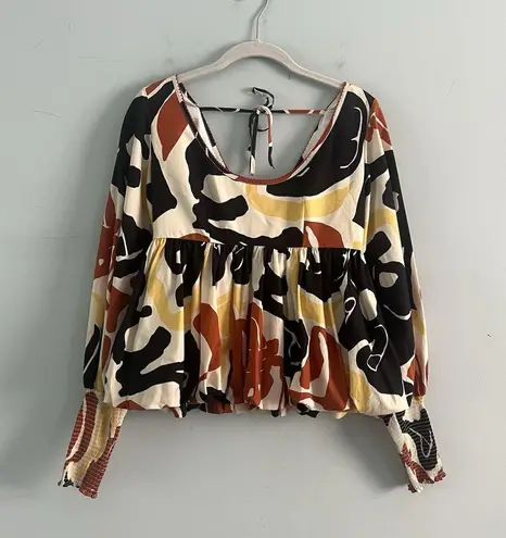 NWT De Loreta Morena El Pueblo Geometric Tan Ballon Sleeve Cotton Blouse Brown Size XS