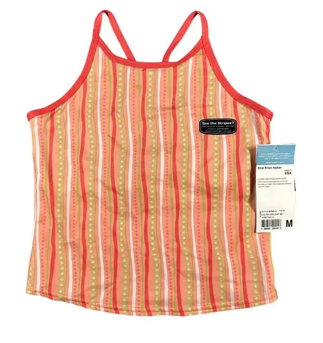 Insport Halter Tank Top Womens Medium F518 Coral Striped Print Halter Pullover Orange