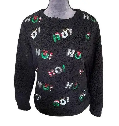Chance or Fate Black Sherpa Christmas HO HO Sequin Holiday Sweater Pullover M