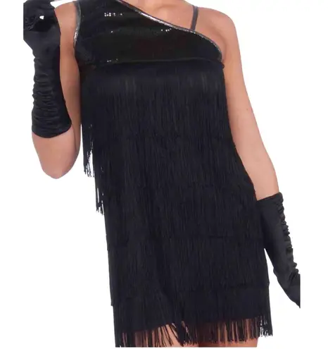 Balera Sequin Fringe One Shoulder Dress Black Sleeveless Flapper Costume