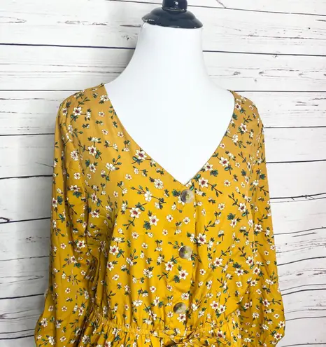 Hint of Blush Mustard Yellow Spring Summer Granny Floral Casual Dress Size Large