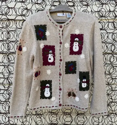 VTG Petite Rustic Cabincore Snowman Patchwork Christmas Cardigan Sweater MEDIUM Size undefined - Image 1