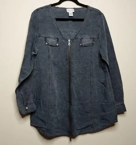 Soft Surroundings Shirt/Jacket Gray Shacket Zip Linen Rayon L