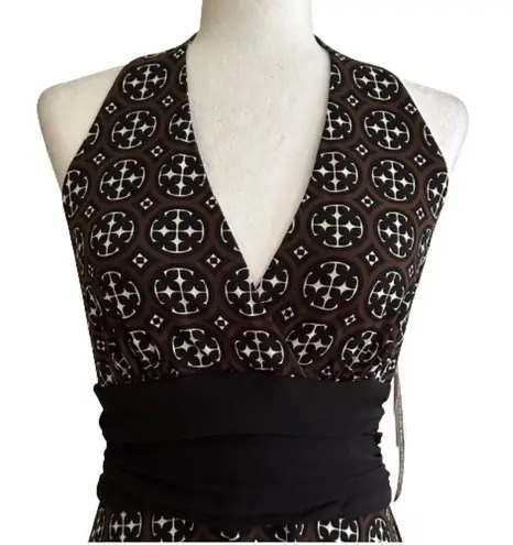 Donna Morgan  Dress Halter Brown Black White Print Ruched Waist Dress Size 8 NEW