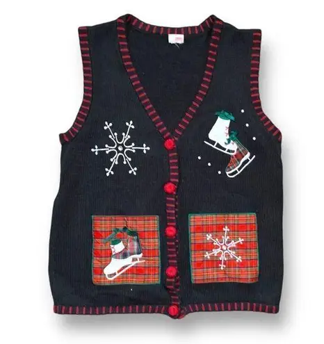 Holiday Editions Black Printed Knit Sweater Vest Festive Embroidery Red Plaid Size L