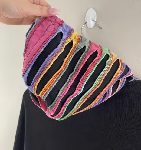 Y2K 90’s Black Rainbow Psychedelic Rip N Tear Wide Bell Sleeve Full Zip Hoodie Size L