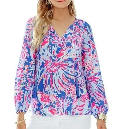 Lilly Pulitzer Saria Seide Top Bluse Iris Rosa Blau Shrimply Chic Quasten S Pink