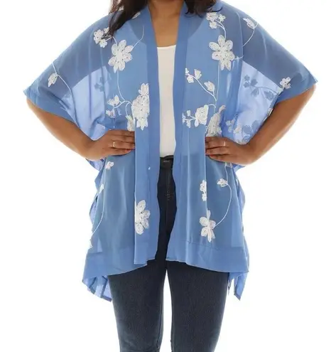 Fame Blue Sheer Boho Embroidered Floral Open Kimono Cardigan Cover Up One Size Size undefined