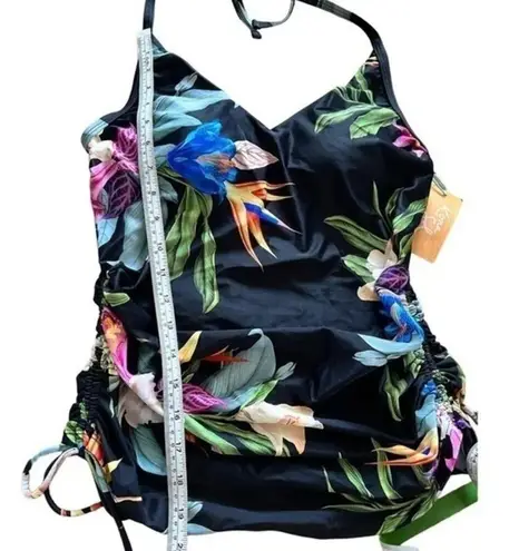 Kona Sol Women's Halter Cinch Side Tankini - Black Tropical Size S