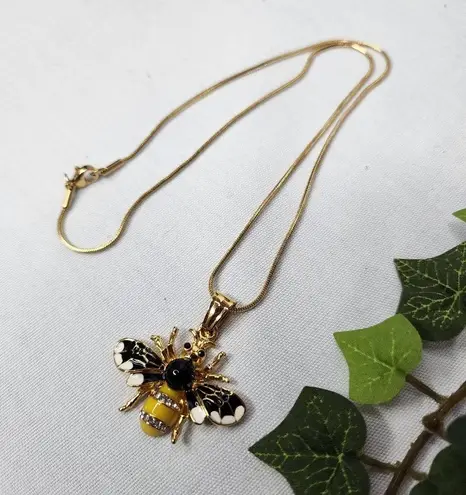 Gold Bee Enamel and CZ Pendant with Gold Steel Chain Necklace New