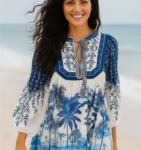 Farm Rio Palm Tree Beach Off-White Mini Dress NWT