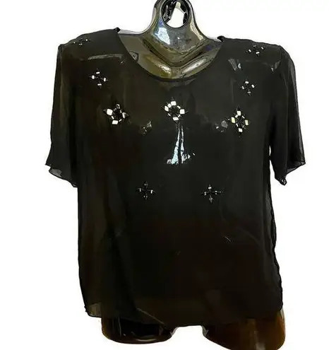 Bec & Bridge Black Silk Chiffon Sencha Star Embellished Short-Sleeve Tee Blouse