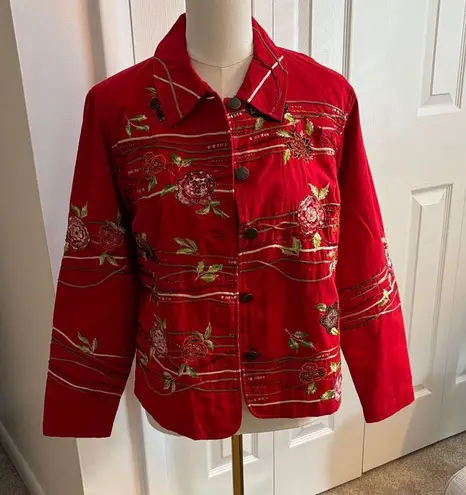 Coldwater Creek Red Embroidered Twill Jacket | Petite Medium | Fully Lined