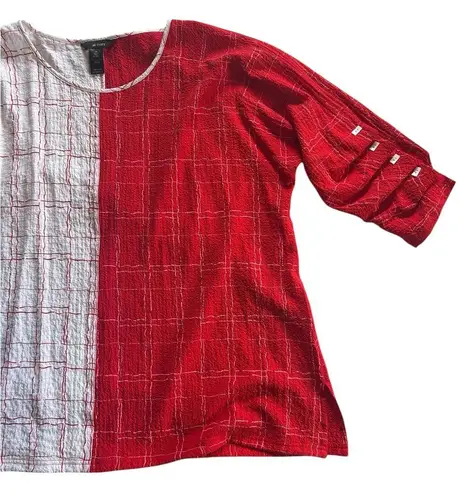 Ali Miles 2X Windowpane Contrasting Tunic Blouse Button 3/4 Sleeve red white