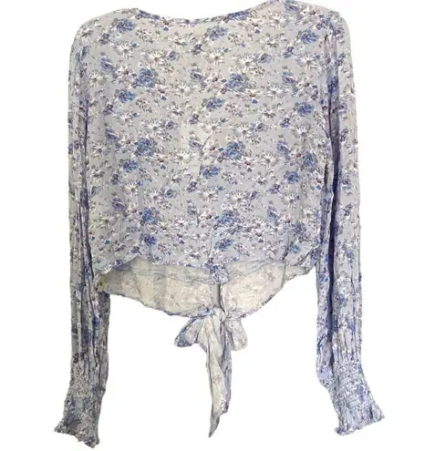 Rhythm Blue Floral Button Tie Front Long Sleeve Blouse Shirt Size Small