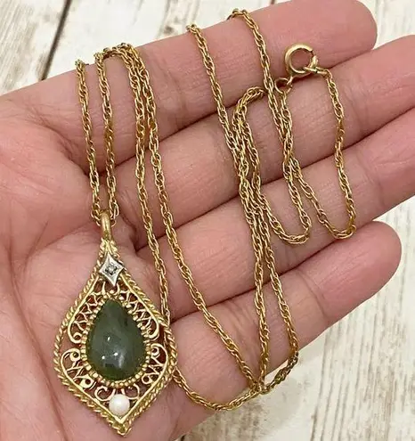 GF Vintage  Filigree Jade Teardrop Diamond Necklace