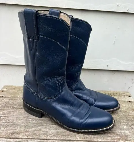 Justin Boots Vintage 90s Justin Roper Navy Blue Cowgirl Western Pull On Leather Boots 6 1/2B