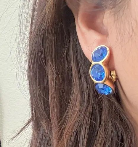 Swavorski Vintage SAL Swarovski Cobalt Blue Bezel Crystal GoldTone Huggie Clip On Earrings
